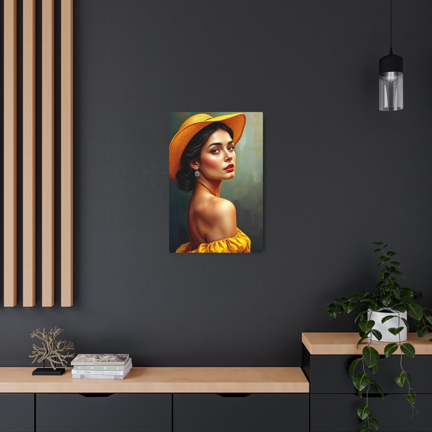 Radiant Beauty Metal Sign Artwork - Elegant Woman in Yellow Hat