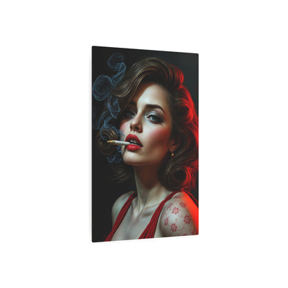 Seductive Portrait of a Glamorous Woman: Vintage Aesthetic with Red Accents Metal Art Sign