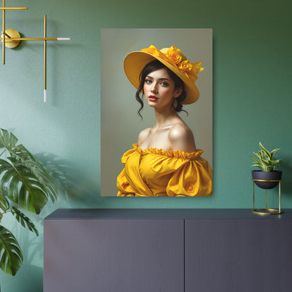 Elegant Yellow Hat Woman Metal Sign Artwork 24" x 36" (Vertical) 0.12''