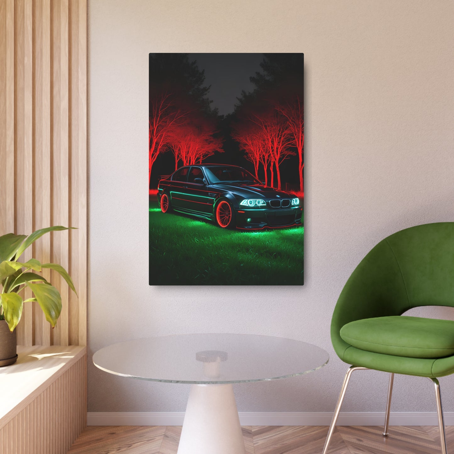 Illuminated Elegance: BMW in Red and Green Metal Art Sign