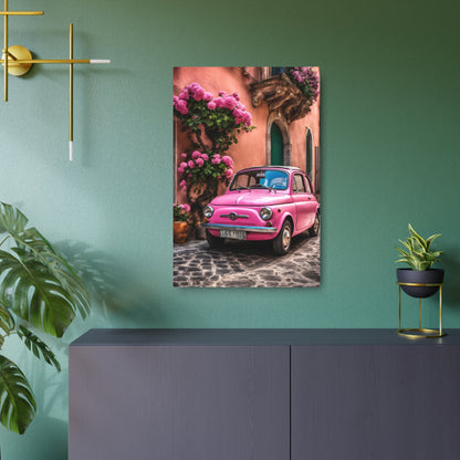 vintage pink fiat on Italian street printable, Italian seaside village Metal Art Sign 20″ x 30″ (Vertical) 0.12''