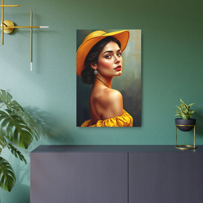 Radiant Beauty Metal Sign Artwork - Elegant Woman in Yellow Hat 20″ x 30″ (Vertical) 0.12''