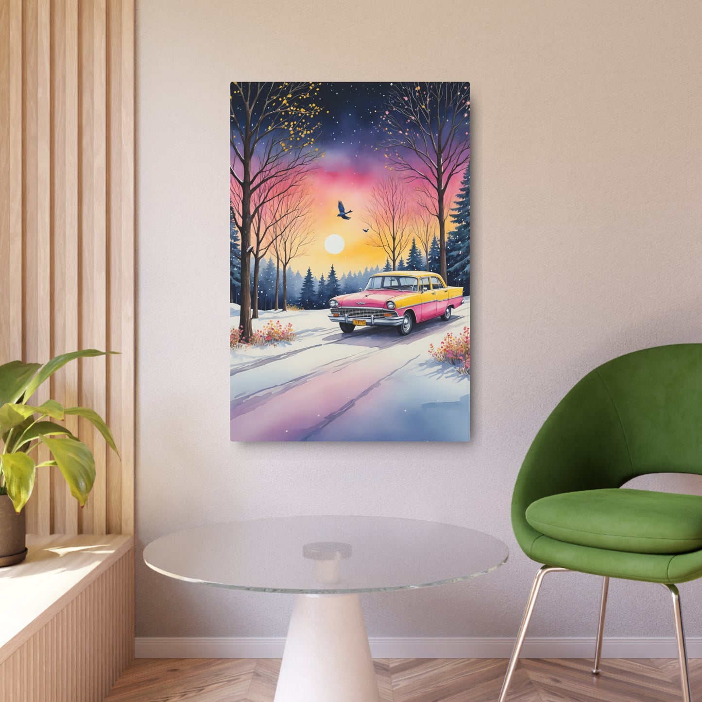 Winter's Tranquil Drive: A Journey Through Pastel Twilight Metal Art Sign