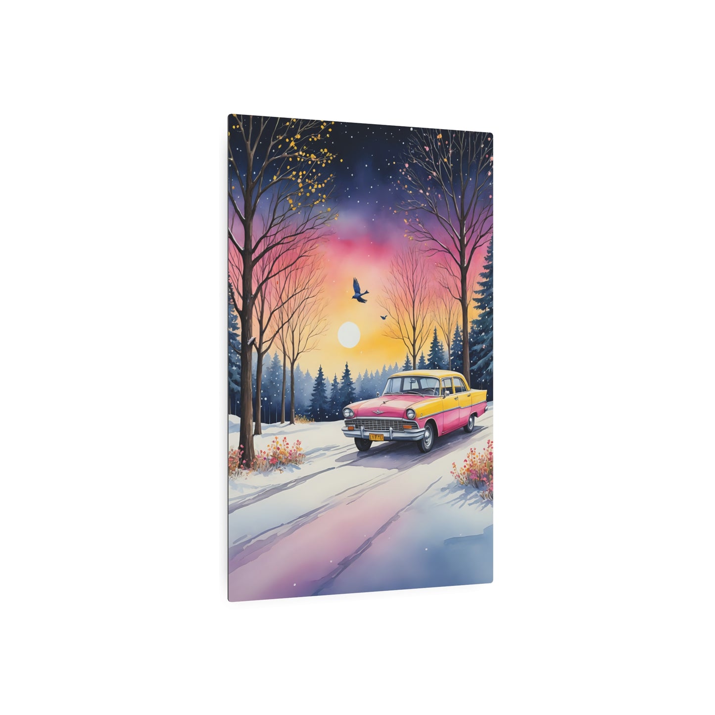 Winter's Tranquil Drive: A Journey Through Pastel Twilight Metal Art Sign