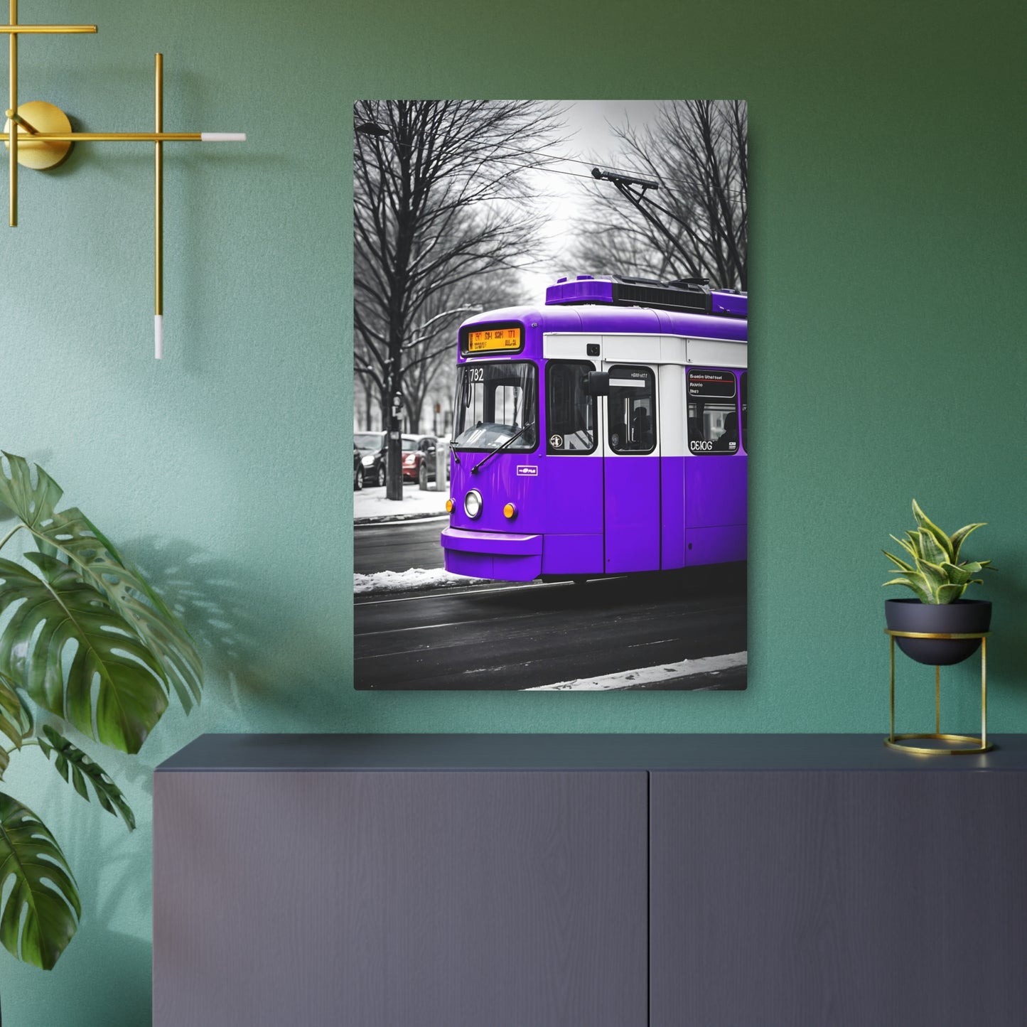 Vibrant Purple Tram Metal Sign Artwork – Urban Transportation Decor 24" x 36" (Vertical) 0.12''