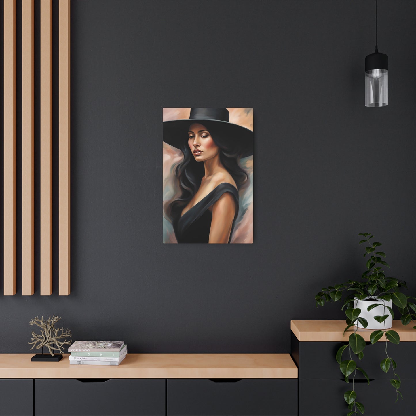 Elegant Portrait of a Woman in Black Hat | Timeless Artistry Metal Art Sign