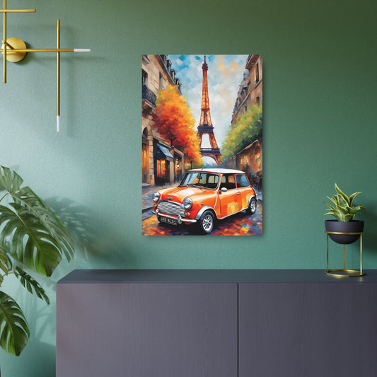 Parisian Charm: Mini Cooper in Autumn Glow Metal Art Sign 20″ x 30″ (Vertical) 0.12''