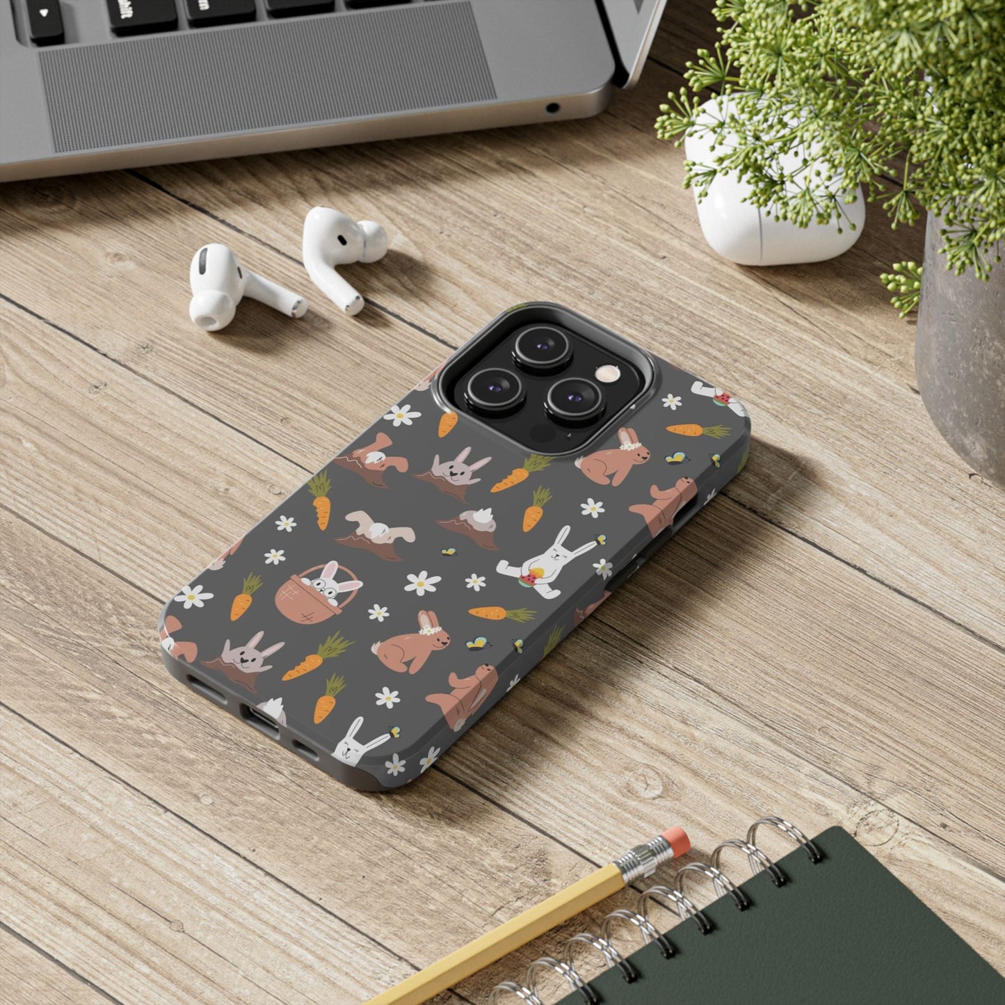 Funny easter rabbits pattern on grey background Tough Phone Cases