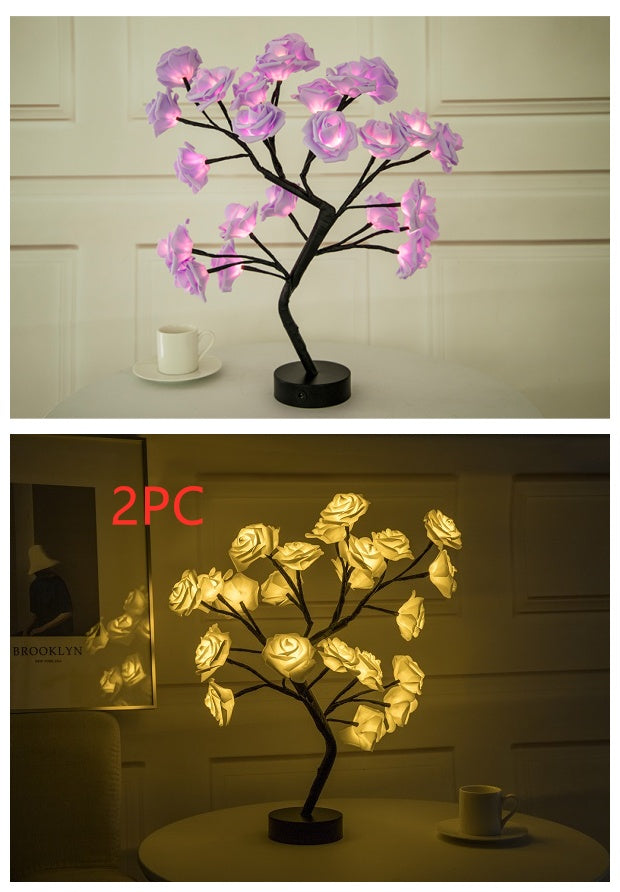 Rose Flower Lamp USB Battery Operated LED Table Lamp Bonsai Tree Night Lights Garland Bedroom Decoration Lights Home Decor 2PCBY1Purple black