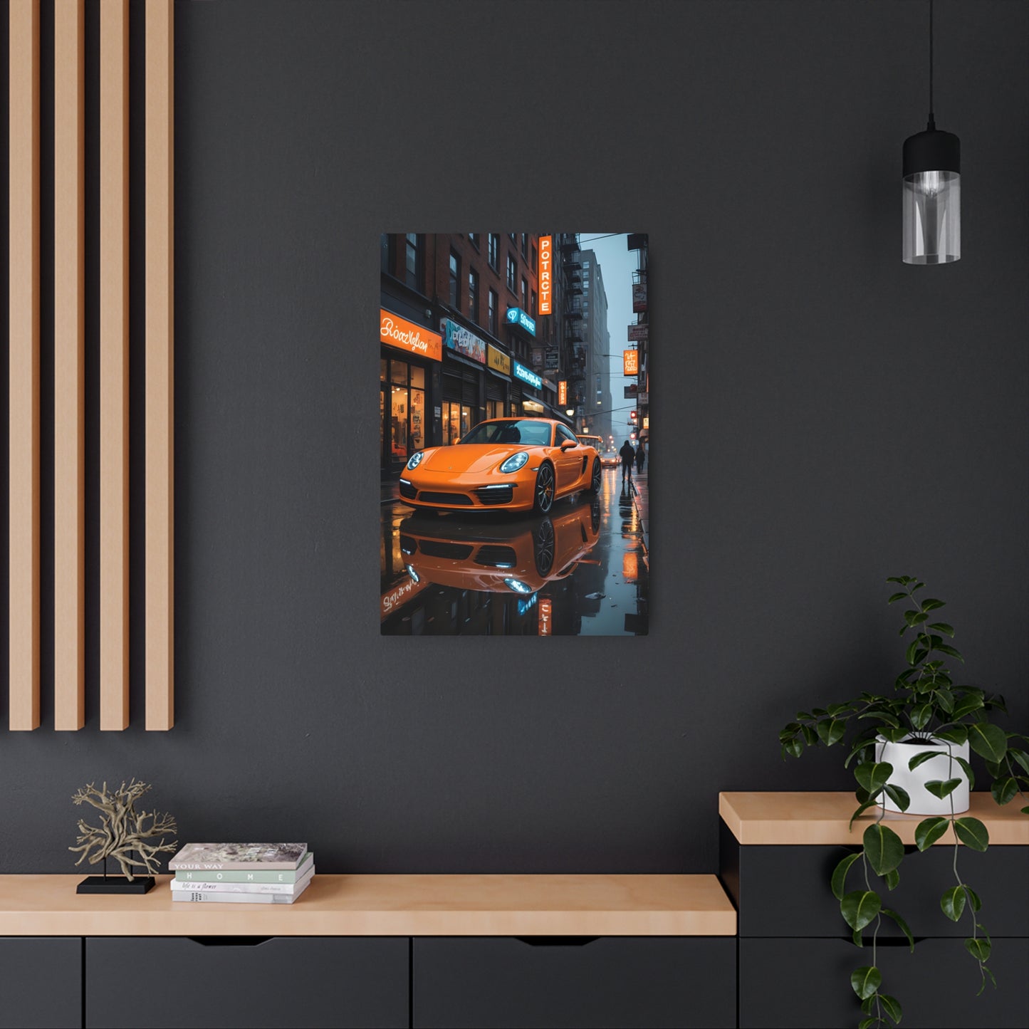 Orange Sports Car in Rainy Urban Street Scene Metal Art Sign