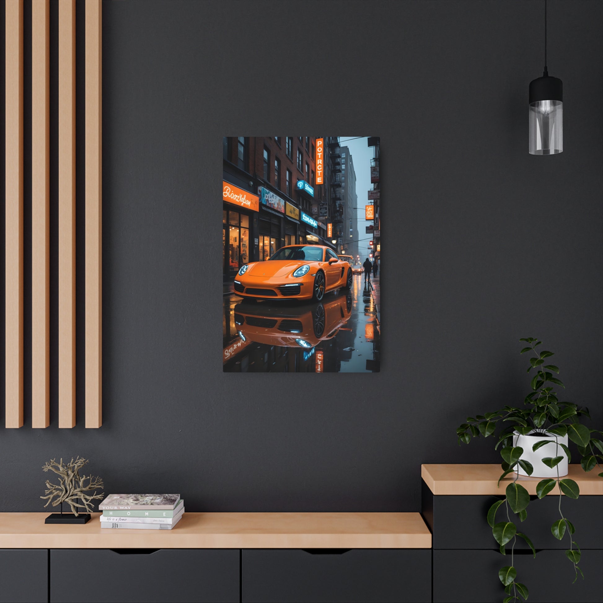 Orange Sports Car in Rainy Urban Street Scene Metal Art Sign