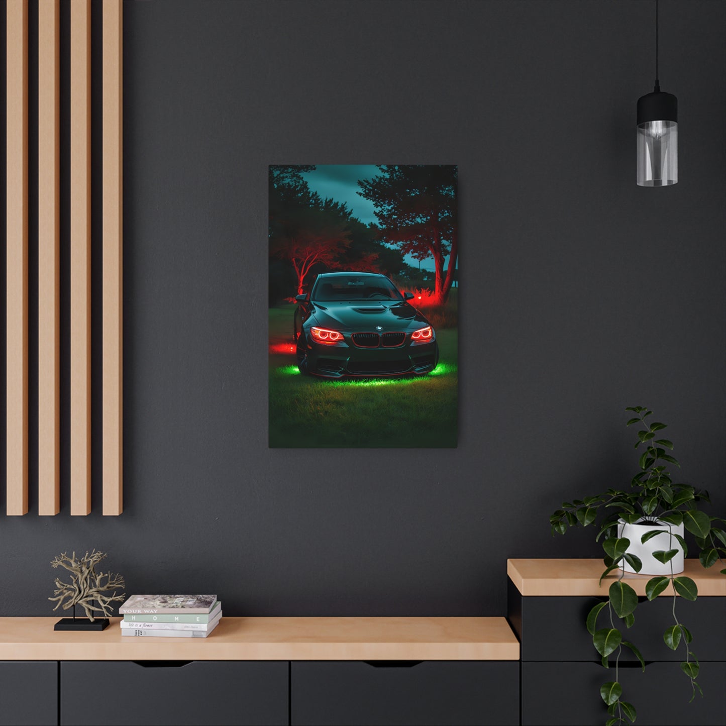 Twilight Elegance: BMW in Neon Glow Metal Art Sign