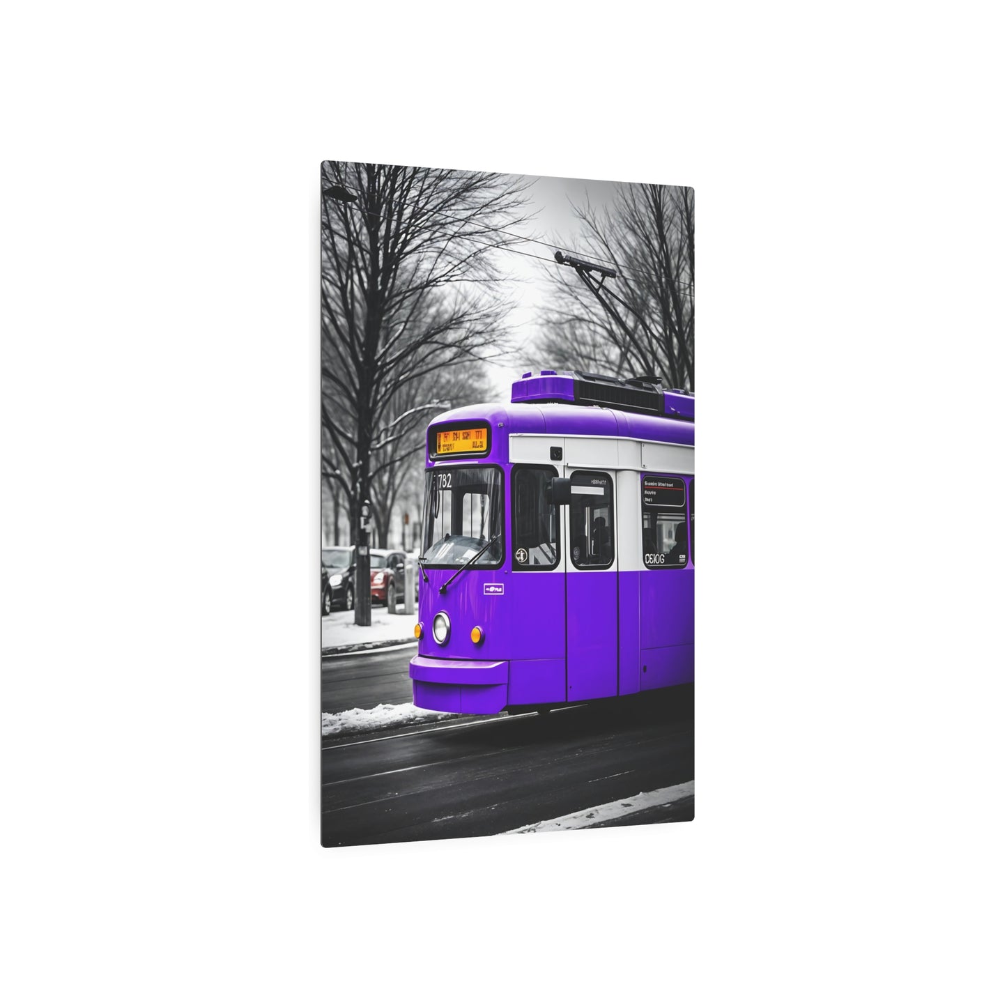 Vibrant Purple Tram Metal Sign Artwork – Urban Transportation Decor