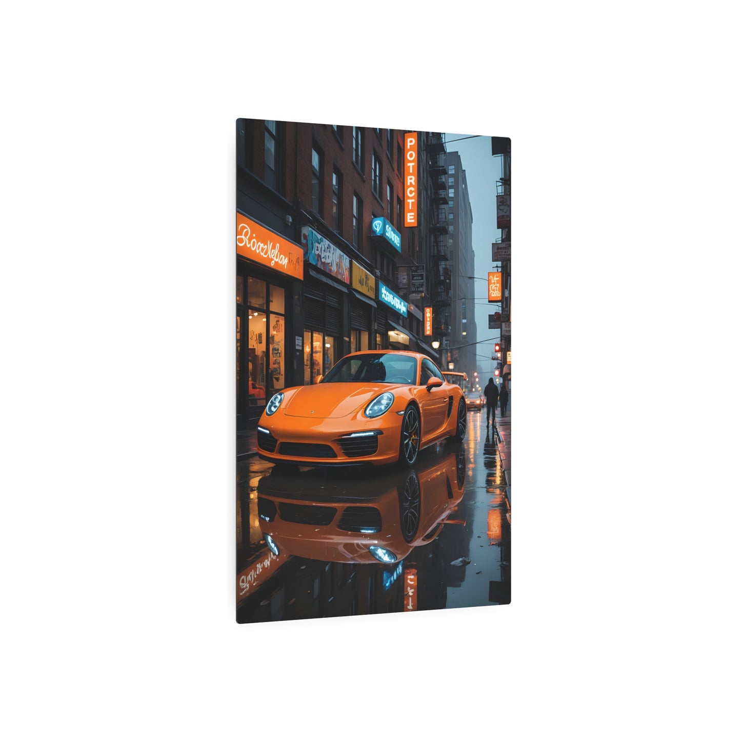 Orange Sports Car in Rainy Urban Street Scene Metal Art Sign