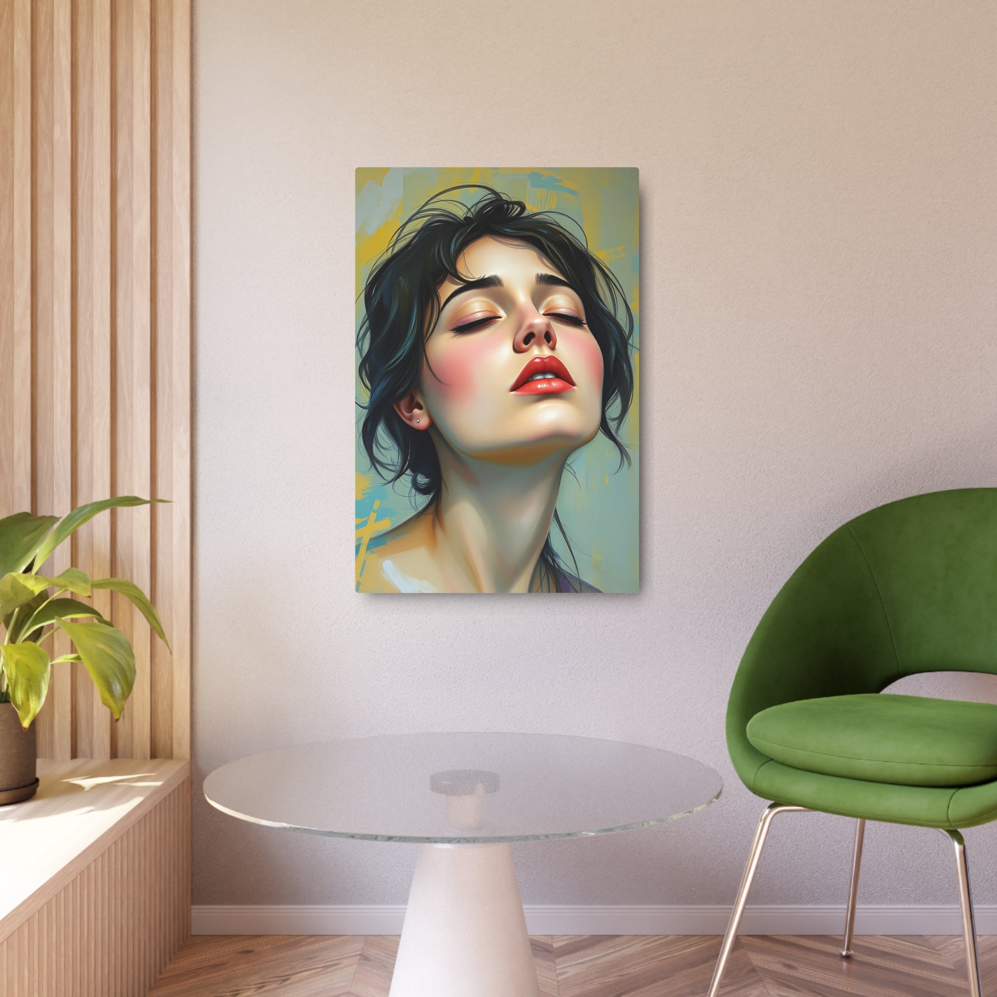 Elegant Serenity: Modern Metal Artwork of a Dreamy Portrait