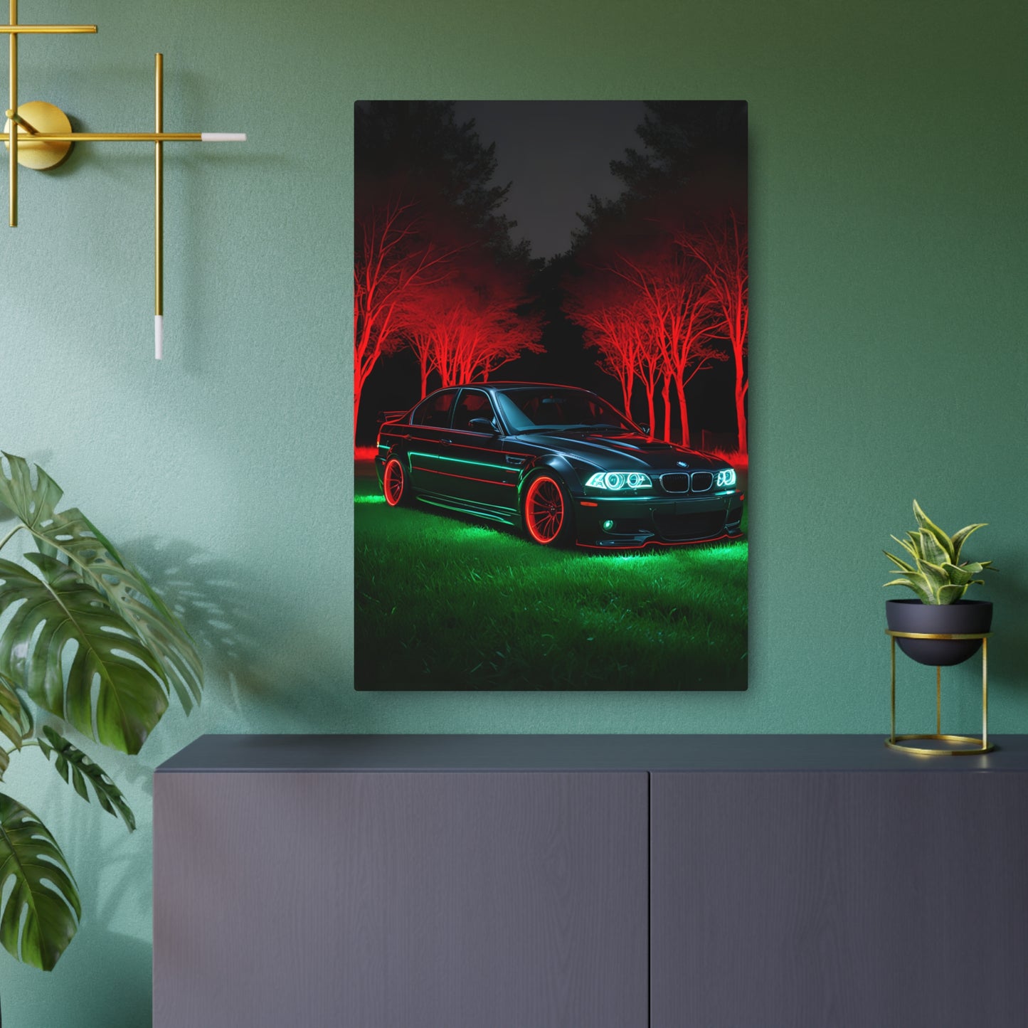 Illuminated Elegance: BMW in Red and Green Metal Art Sign 24" x 36" (Vertical) 0.12''