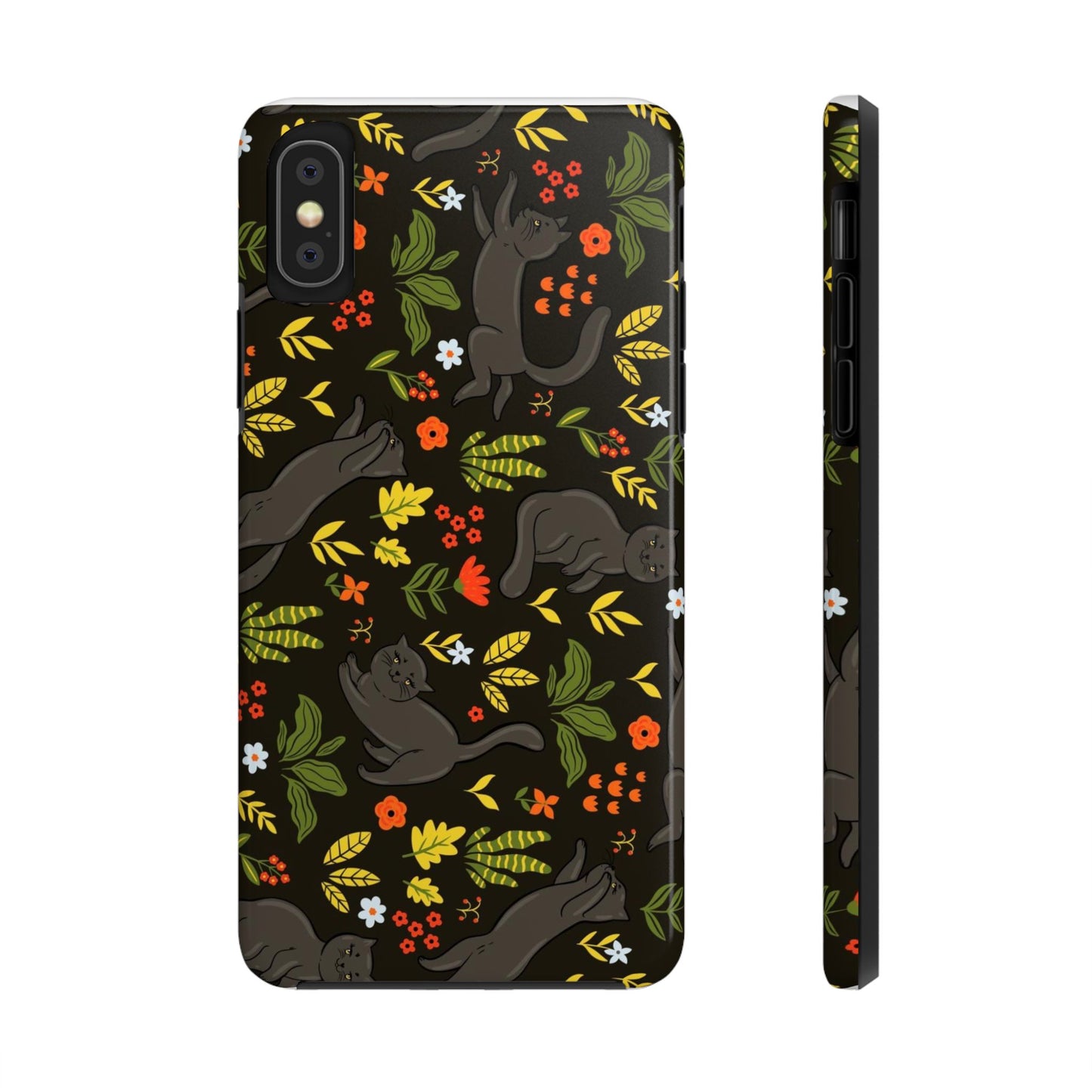 Seamless pattern with black cute cats and flowers Tough Phone Cases iPhone X