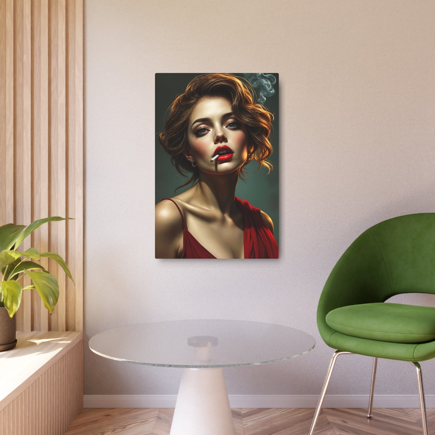 Captivating Portrait of a Glamorous Woman in Red - Artistic Masterpiece Metal Art Sign