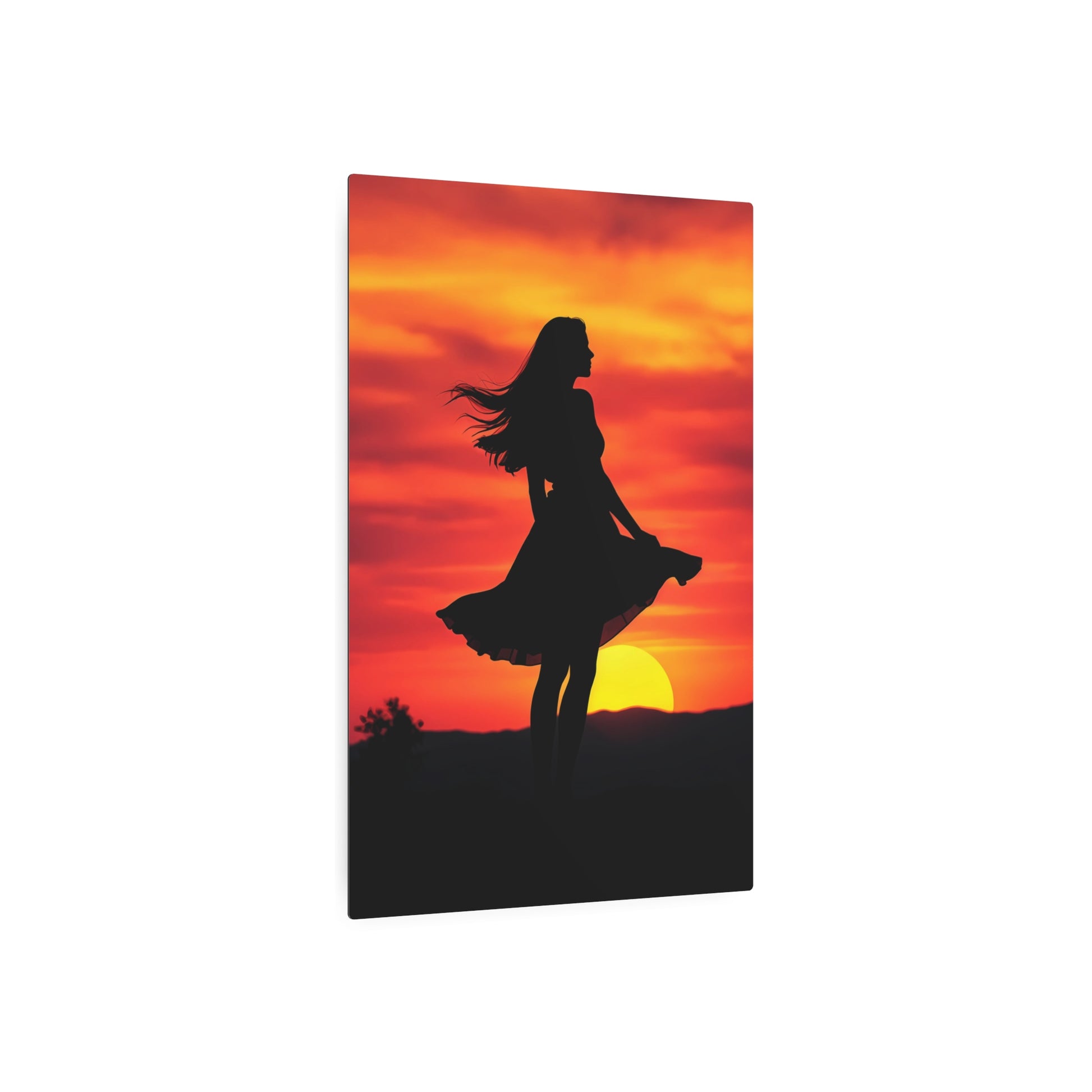 Silhouette of Serenity: Woman Against a Stunning Sunset Metal Art Sign