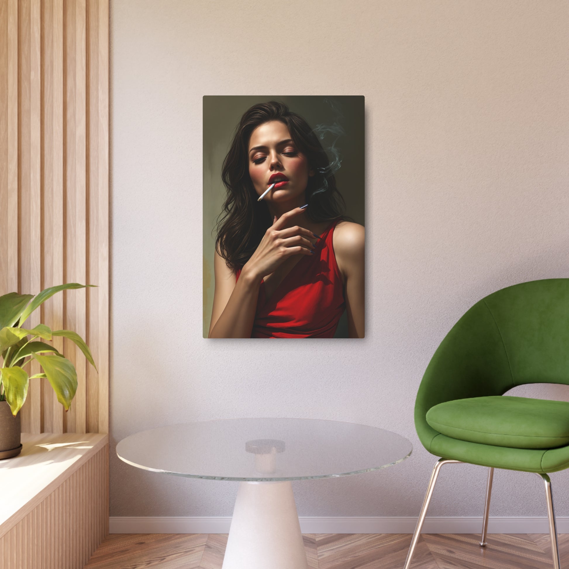 Stunning Portrait of Elegance: Woman in Red with Cigarette Smoke Metal Art Sign