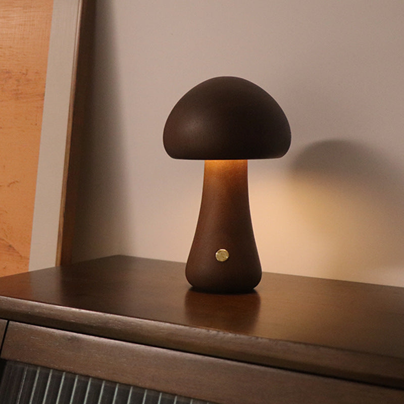 INS Wooden Cute Mushroom LED Night Light With Touch Switch Bedside Table Lamp For Bedroom Childrens Room Sleeping Night Lamps Home Decor A Walnut color 2.4W