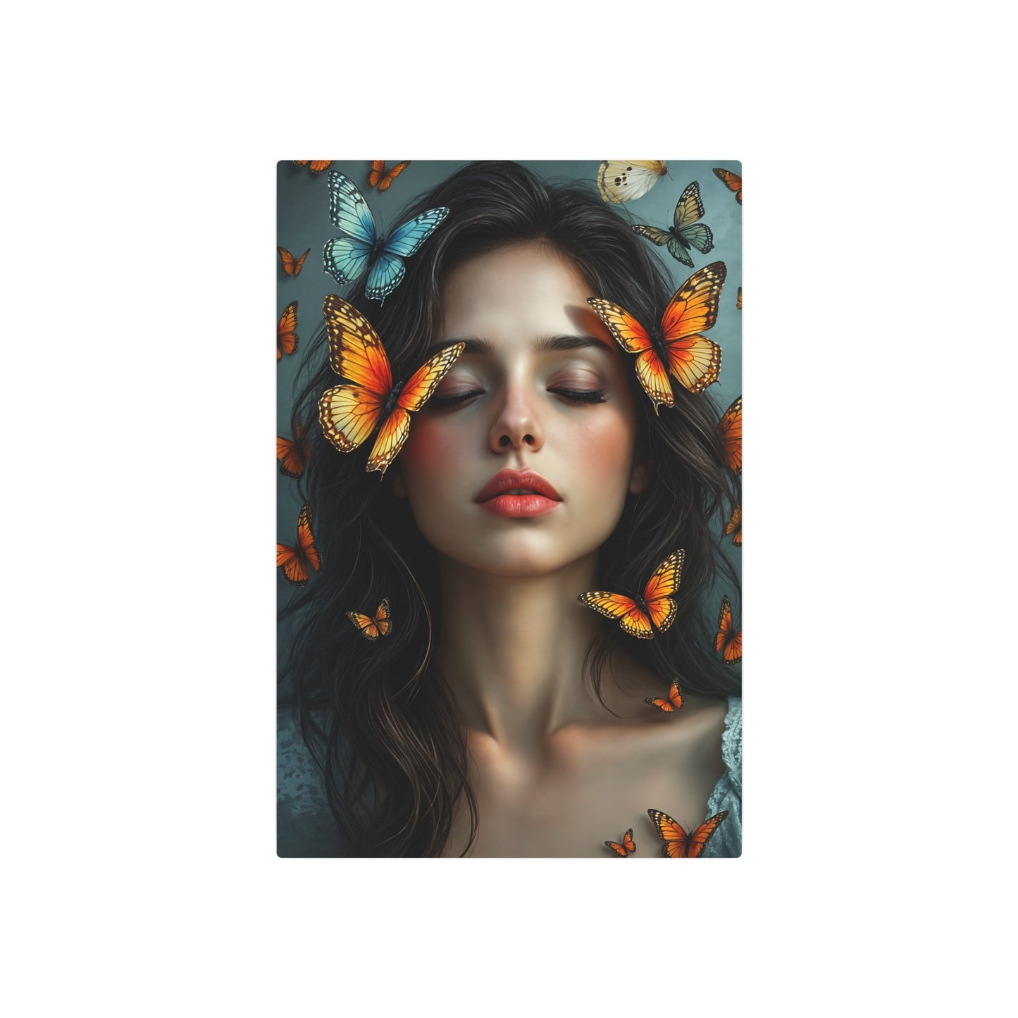 Ethereal Beauty: Woman Surrounded by Colorful Butterflies | Stunning Artwork Metal Art Sign