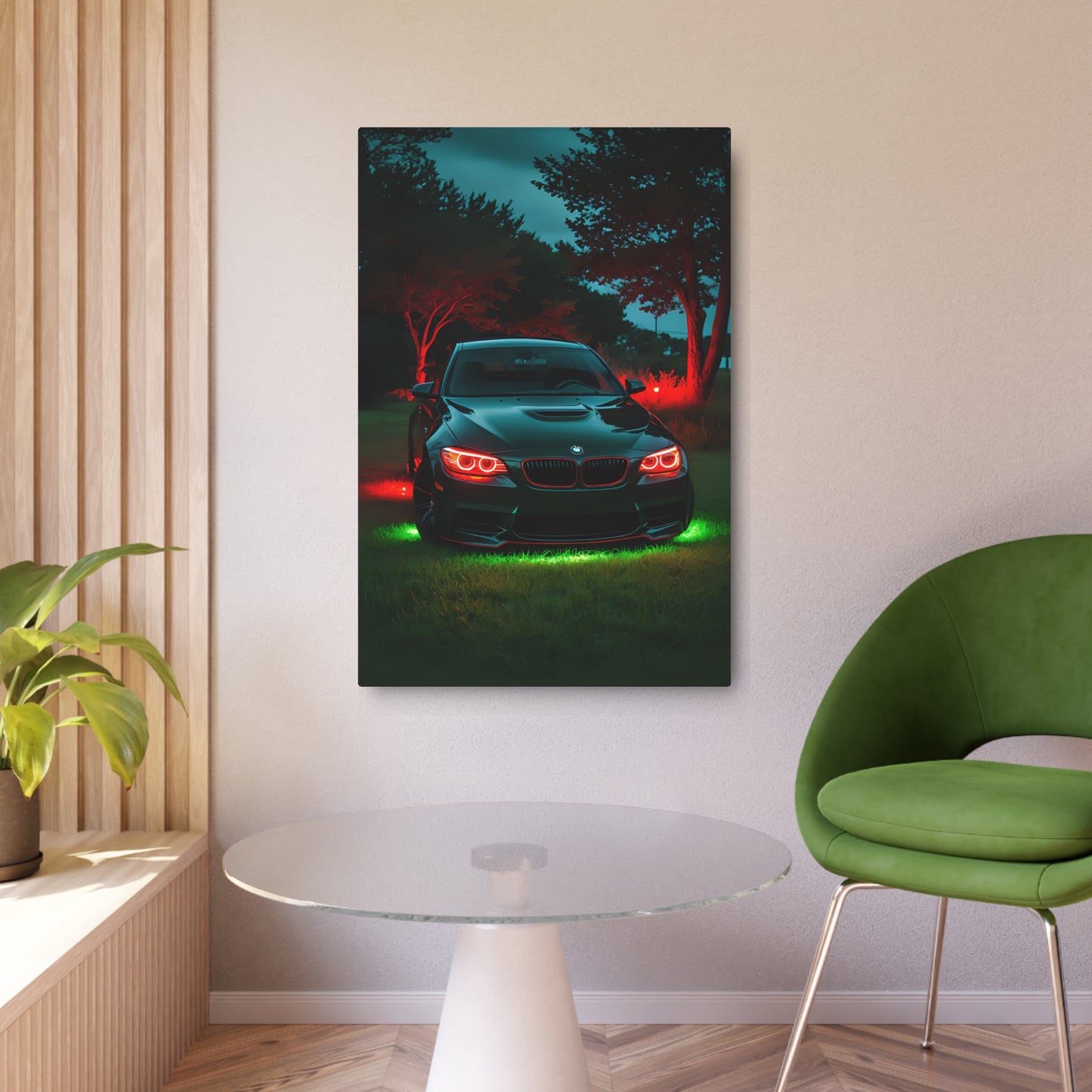 Twilight Elegance: BMW in Neon Glow Metal Art Sign