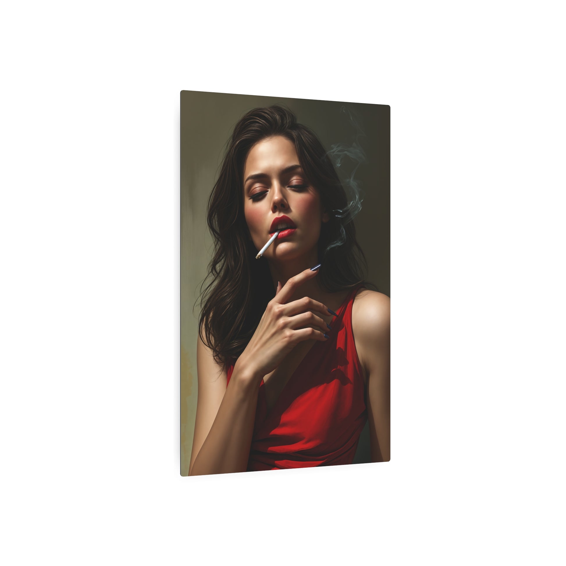 Stunning Portrait of Elegance: Woman in Red with Cigarette Smoke Metal Art Sign