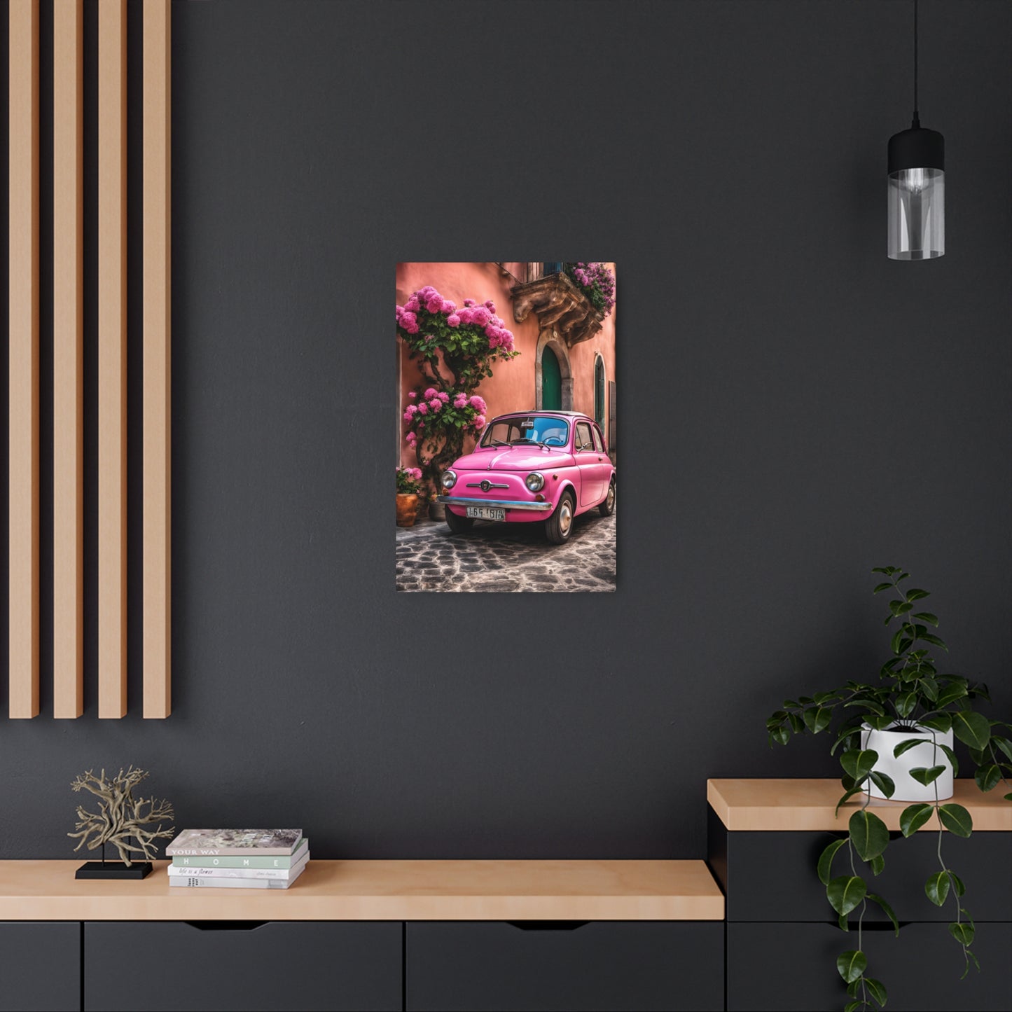 vintage pink fiat on Italian street printable, Italian seaside village Metal Art Sign