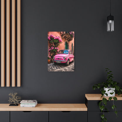 vintage pink fiat on Italian street printable, Italian seaside village Metal Art Sign