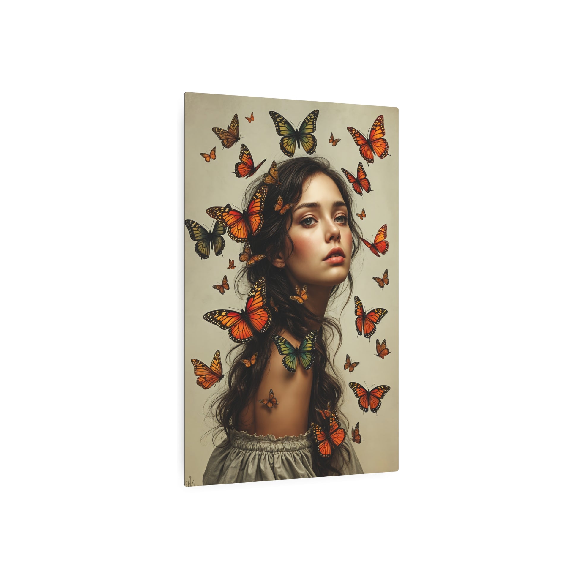 Enchanting Butterfly Fantasy Artwork | Transformative Portrait with Monarch Butterflies Metal Art Sign