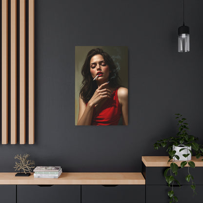 Stunning Portrait of Elegance: Woman in Red with Cigarette Smoke Metal Art Sign