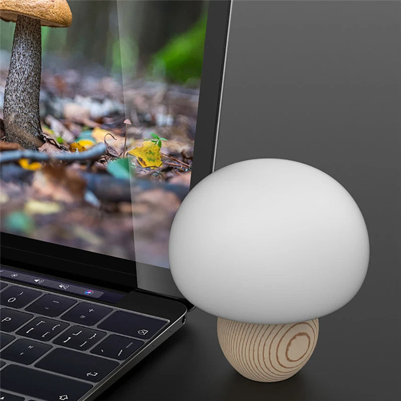 Silicone LED Night Lamp Brightness Adjustable Mushroom Pat Switch Wooden Base Timing LED Night Light For Children's Gift