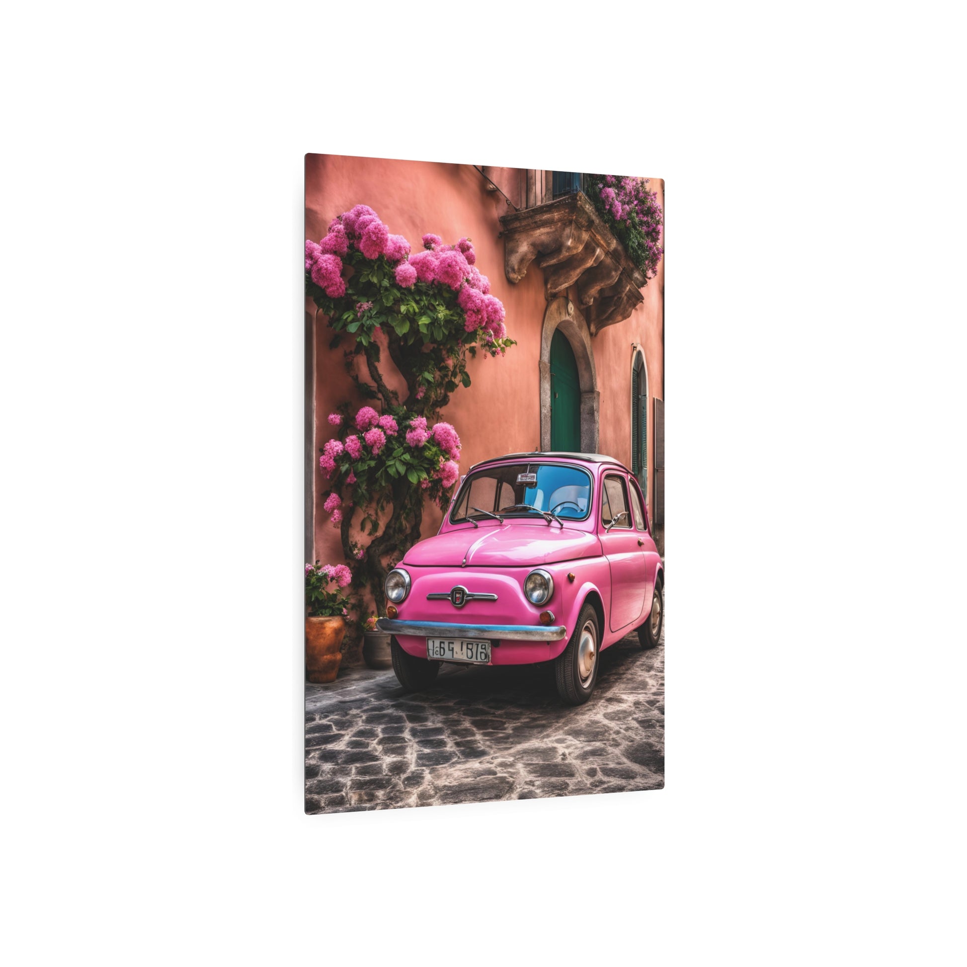 vintage pink fiat on Italian street printable, Italian seaside village Metal Art Sign