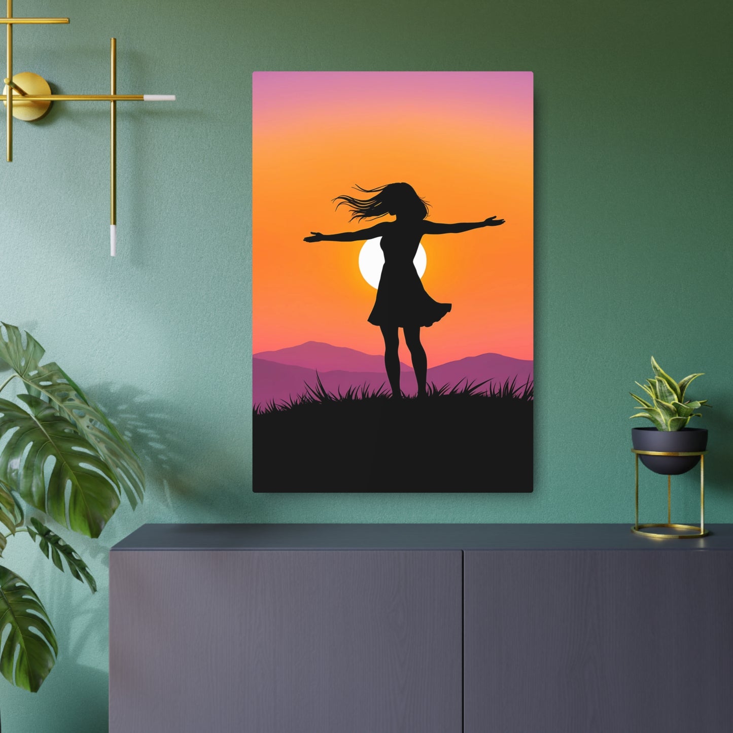 Embracing Freedom: Silhouette of a Woman at Sunset Metal Art Sign 24" x 36" (Vertical) 0.12''