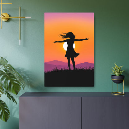 Embracing Freedom: Silhouette of a Woman at Sunset Metal Art Sign 24" x 36" (Vertical) 0.12''