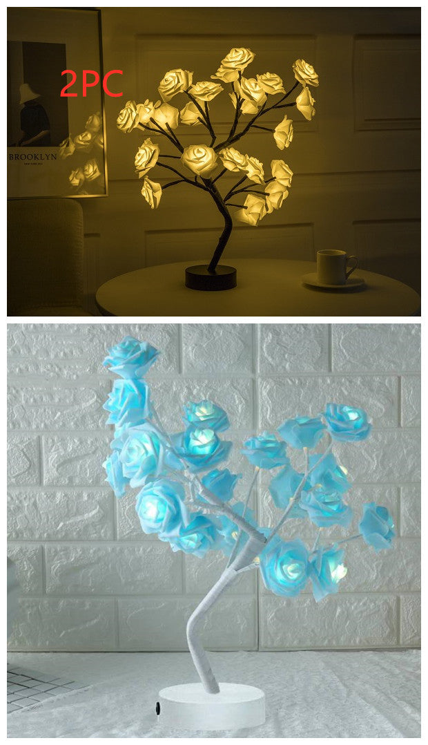 Rose Flower Lamp USB Battery Operated LED Table Lamp Bonsai Tree Night Lights Garland Bedroom Decoration Lights Home Decor 2PCBY1Blue black