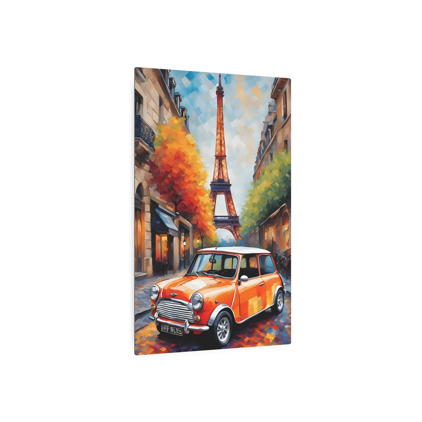 Parisian Charm: Mini Cooper in Autumn Glow Metal Art Sign