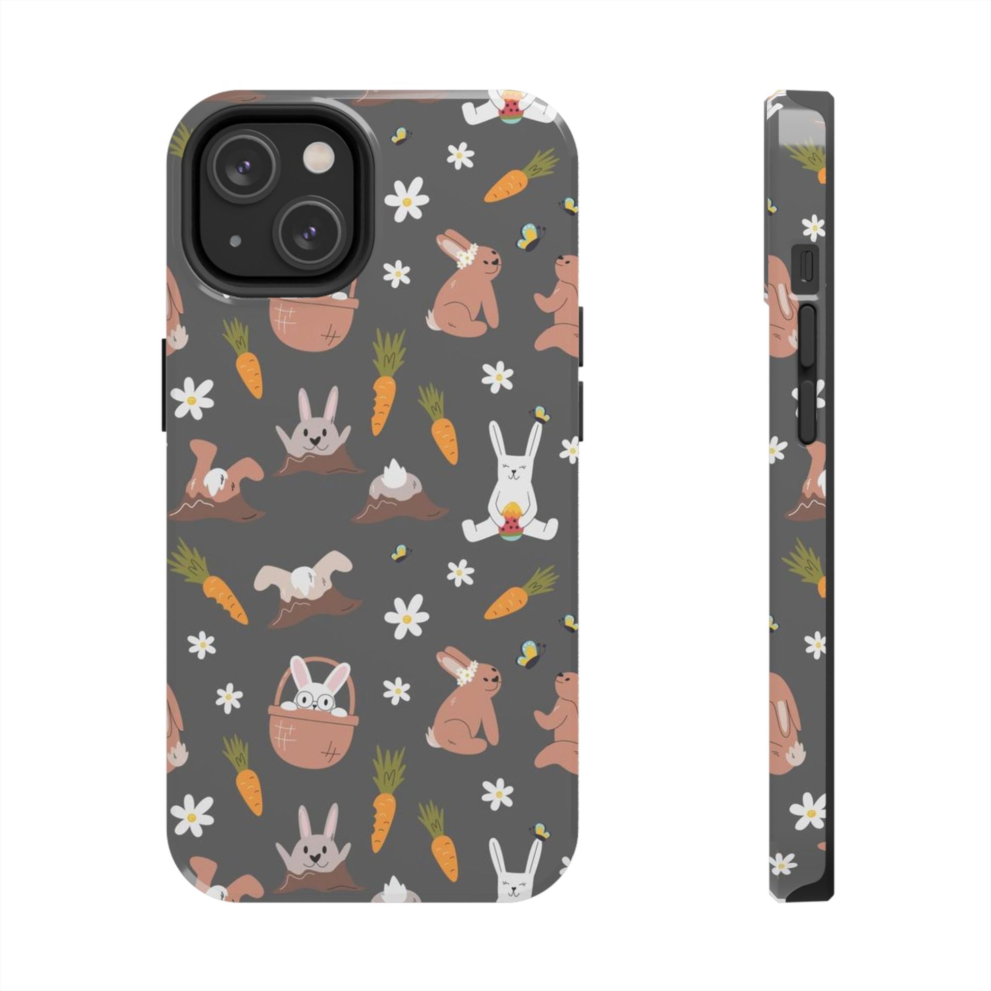 Funny easter rabbits pattern on grey background Tough Phone Cases iPhone 14