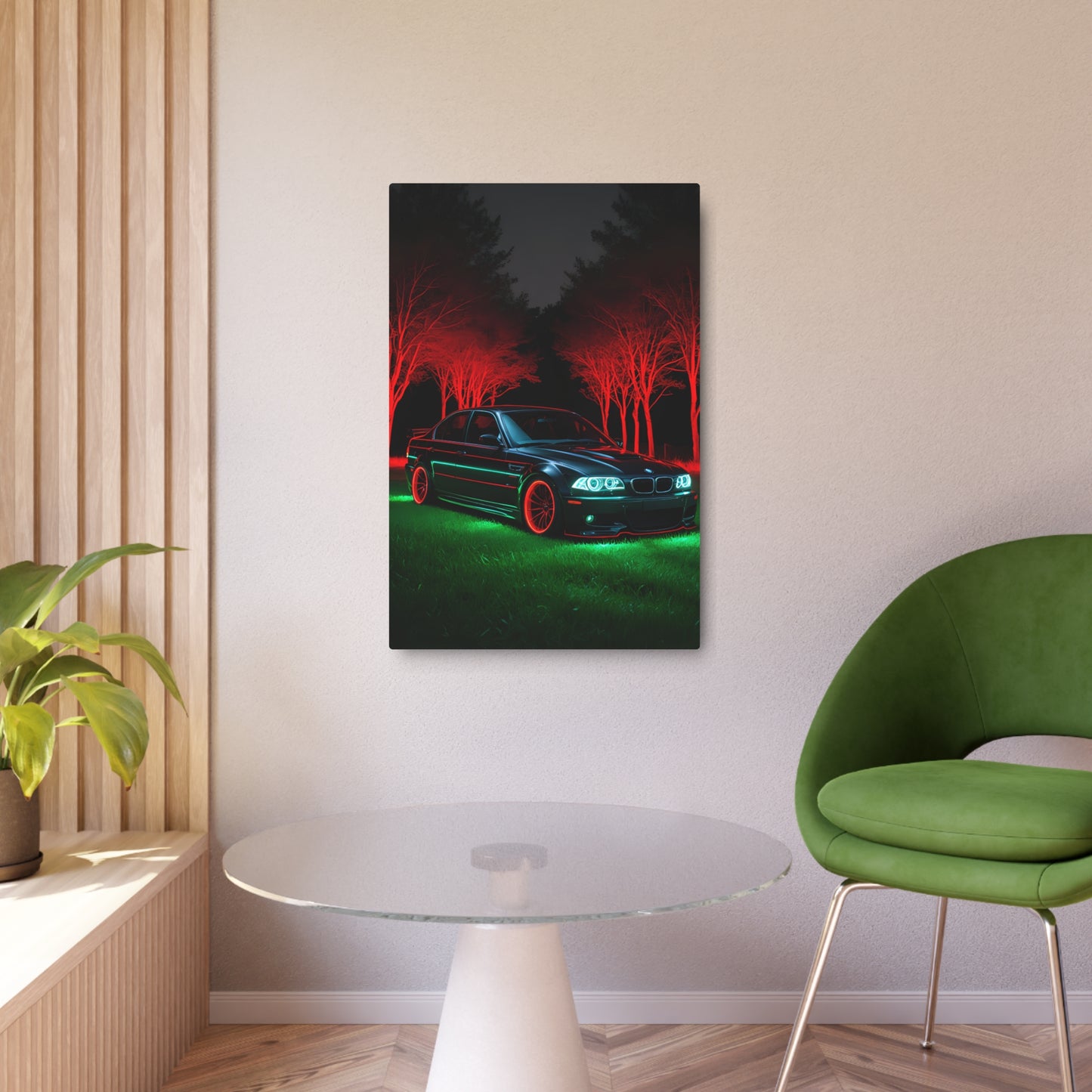 Illuminated Elegance: BMW in Red and Green Metal Art Sign