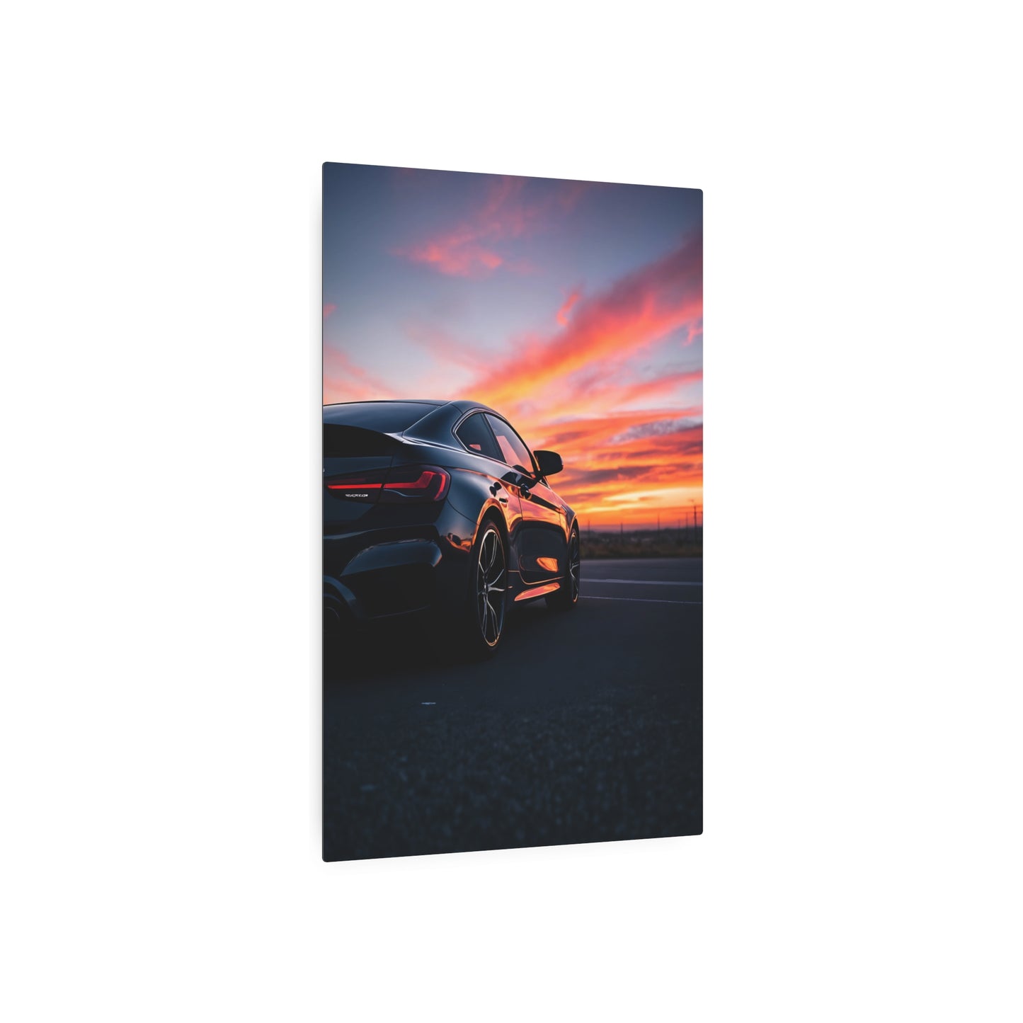 Stunning Metal Sign Featuring a Sleek Sports Car at Sunset - Perfect for Automotive Enthusiasts