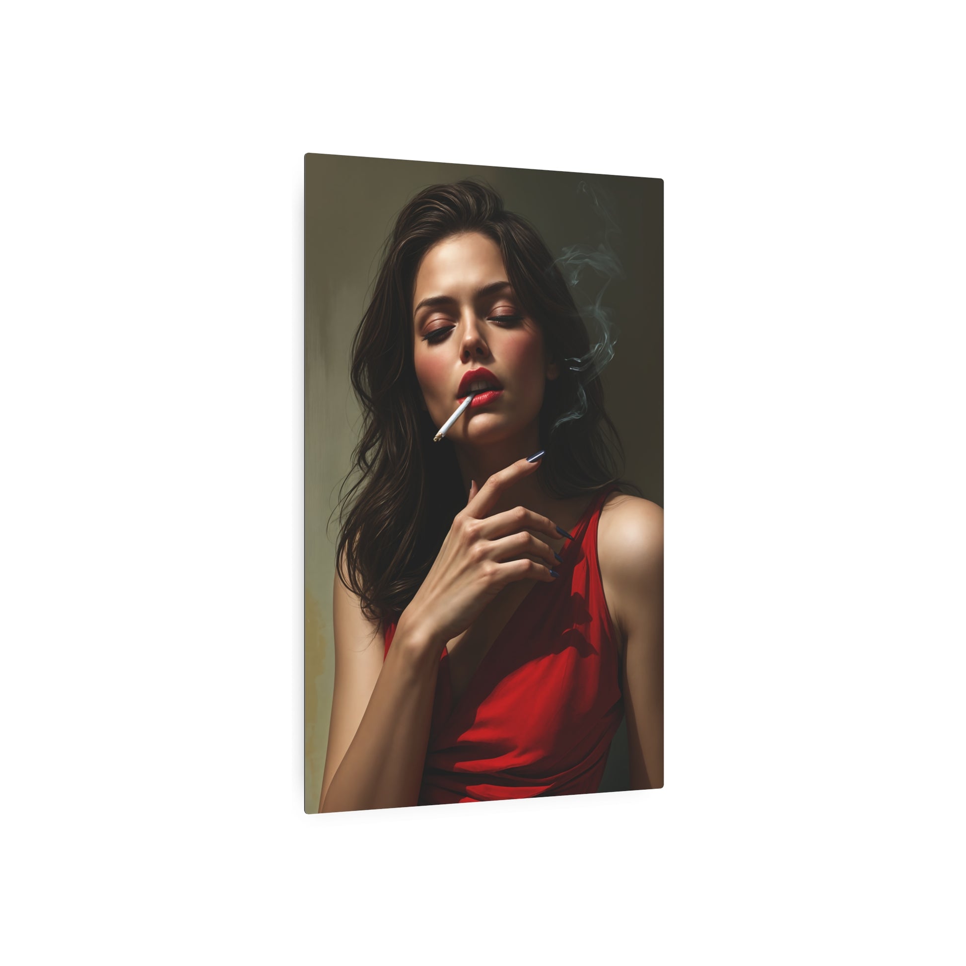 Stunning Portrait of Elegance: Woman in Red with Cigarette Smoke Metal Art Sign