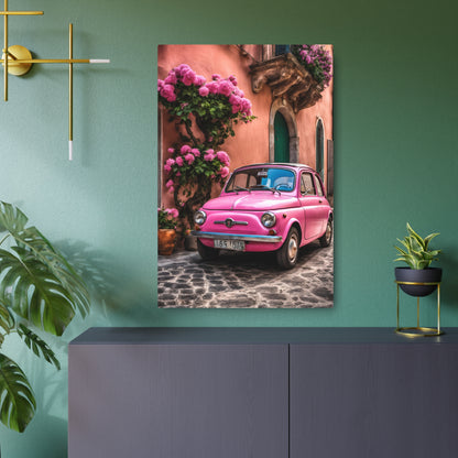 vintage pink fiat on Italian street printable, Italian seaside village Metal Art Sign 24" x 36" (Vertical) 0.12''