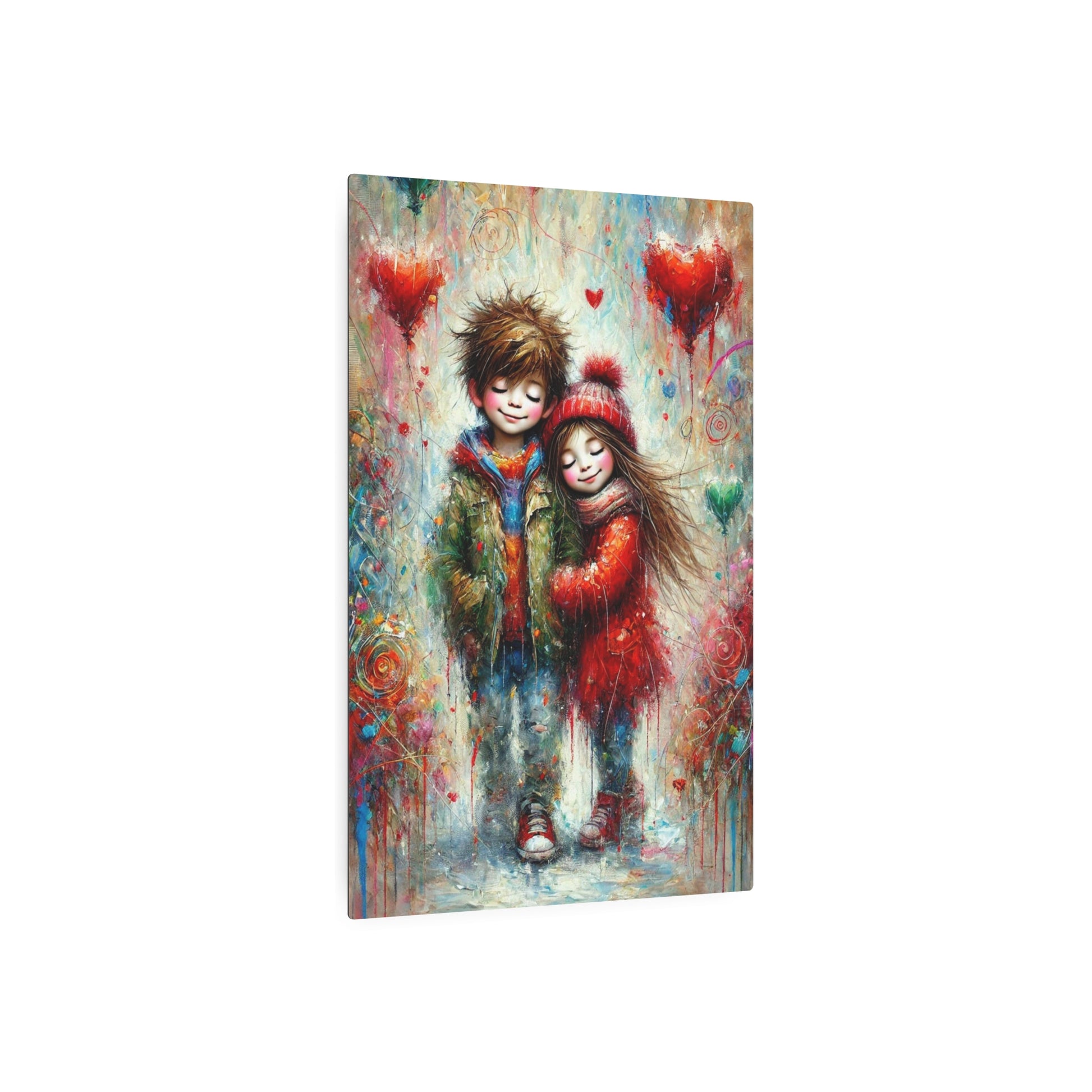 Innocence and Whimsy in a World of Colorful Hearts Metal Art Sign