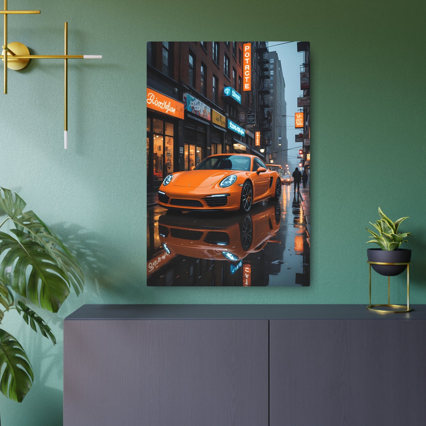 Orange Sports Car in Rainy Urban Street Scene Metal Art Sign 24" x 36" (Vertical) 0.12''