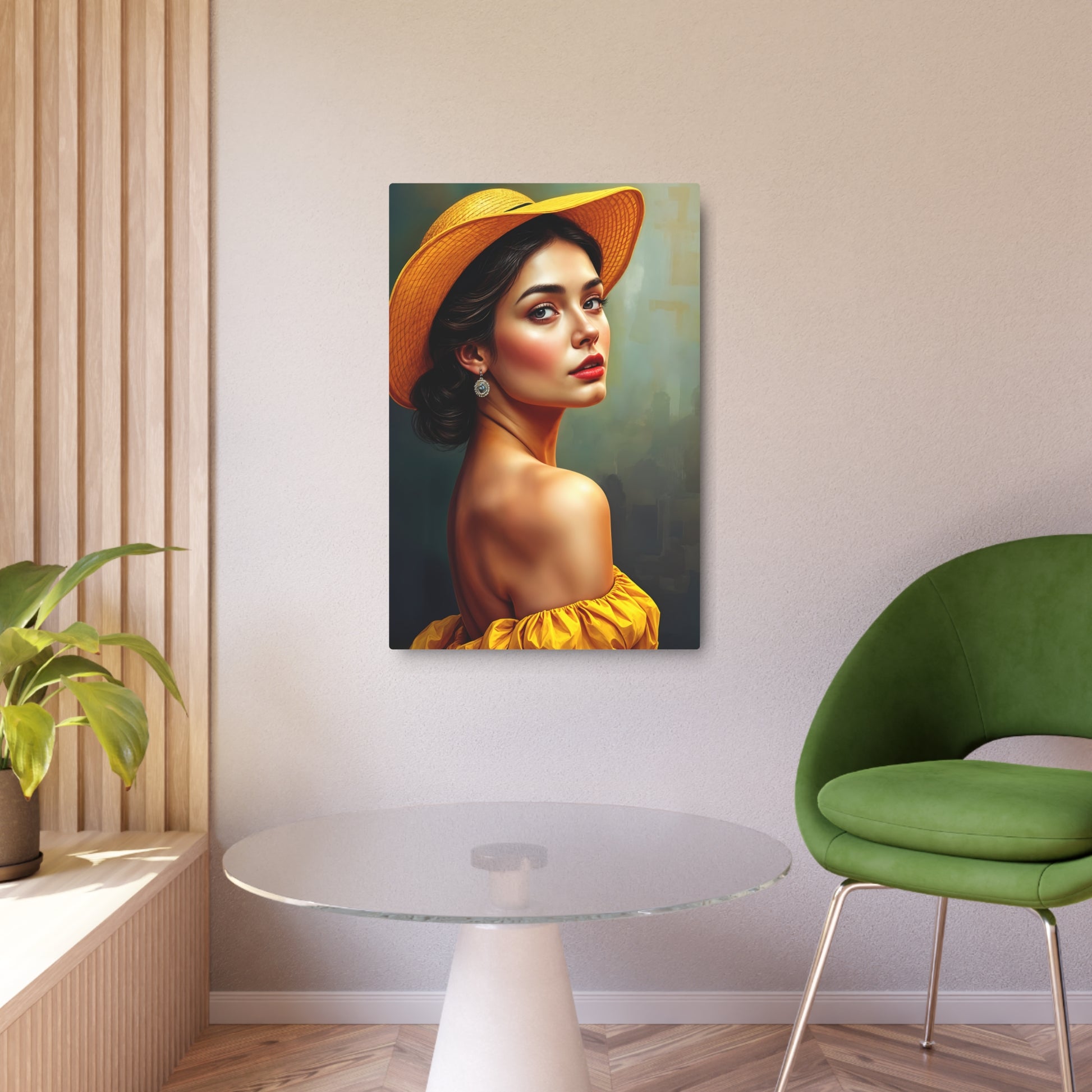 Radiant Beauty Metal Sign Artwork - Elegant Woman in Yellow Hat