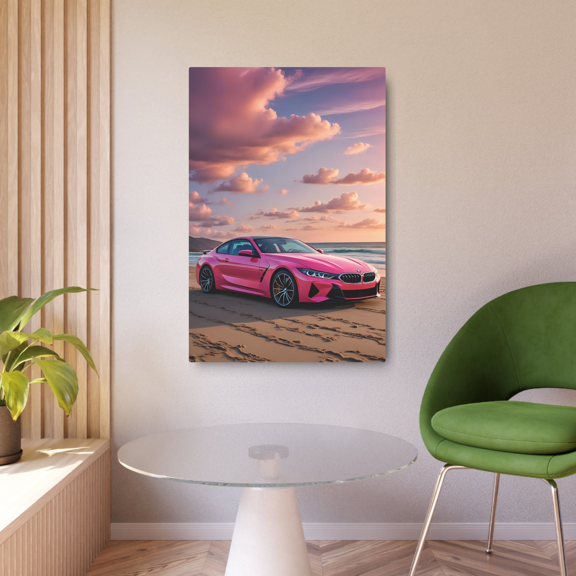 Sunset Gleam on a Pink BMW Supercar Metal Art Sign