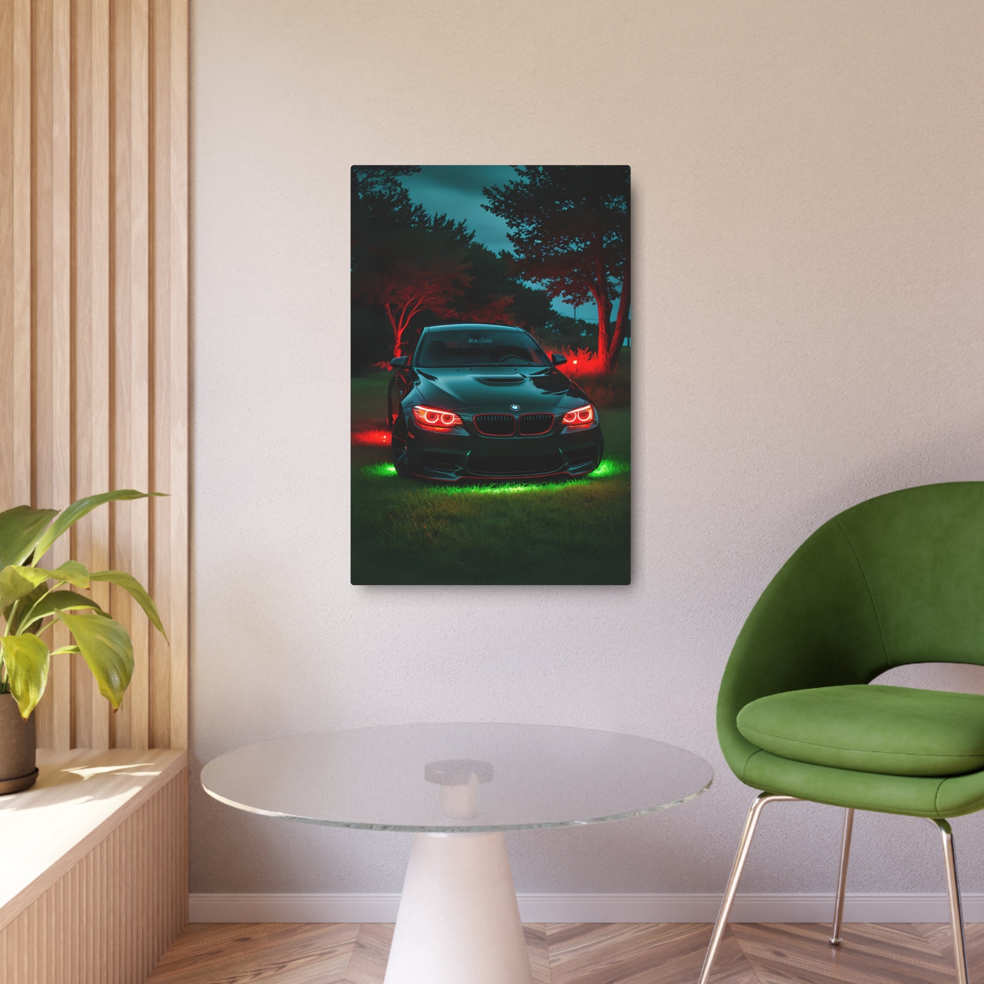 Twilight Elegance: BMW in Neon Glow Metal Art Sign