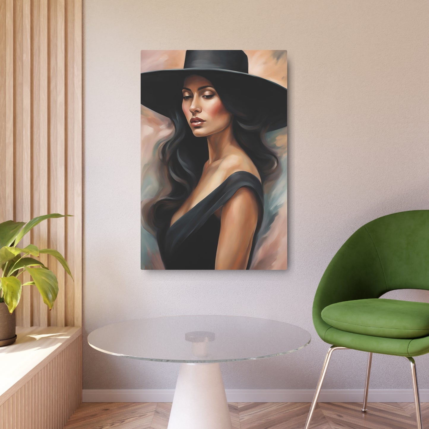 Elegant Portrait of a Woman in Black Hat | Timeless Artistry Metal Art Sign