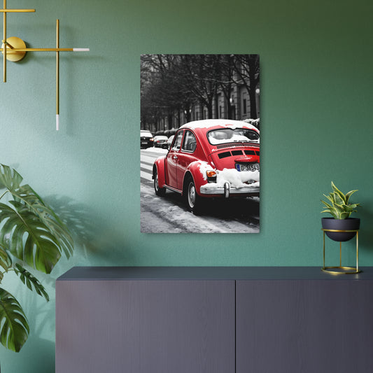 Vintage Red Beetle in Winter Wonderland – Metal Sign Artwork 20″ x 30″ (Vertical) 0.12''